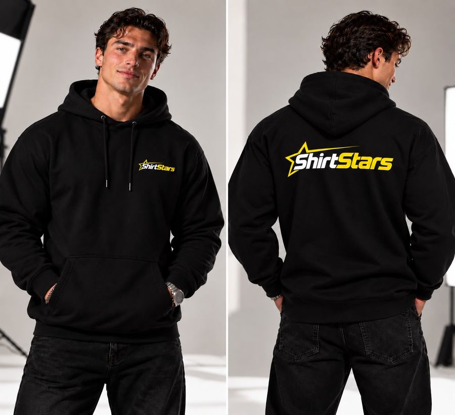 Schwarzer Hoodie mit ShirtStars-Logo vorne klein und hinten groß, getragen von einem Mann