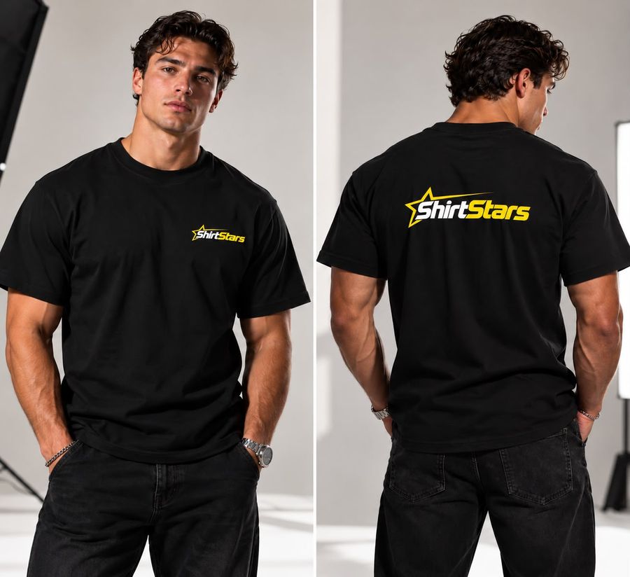 Schwarzes T-Shirt mit ShirtStars-Logo vorne klein und hinten groß, getragen von einem Mann